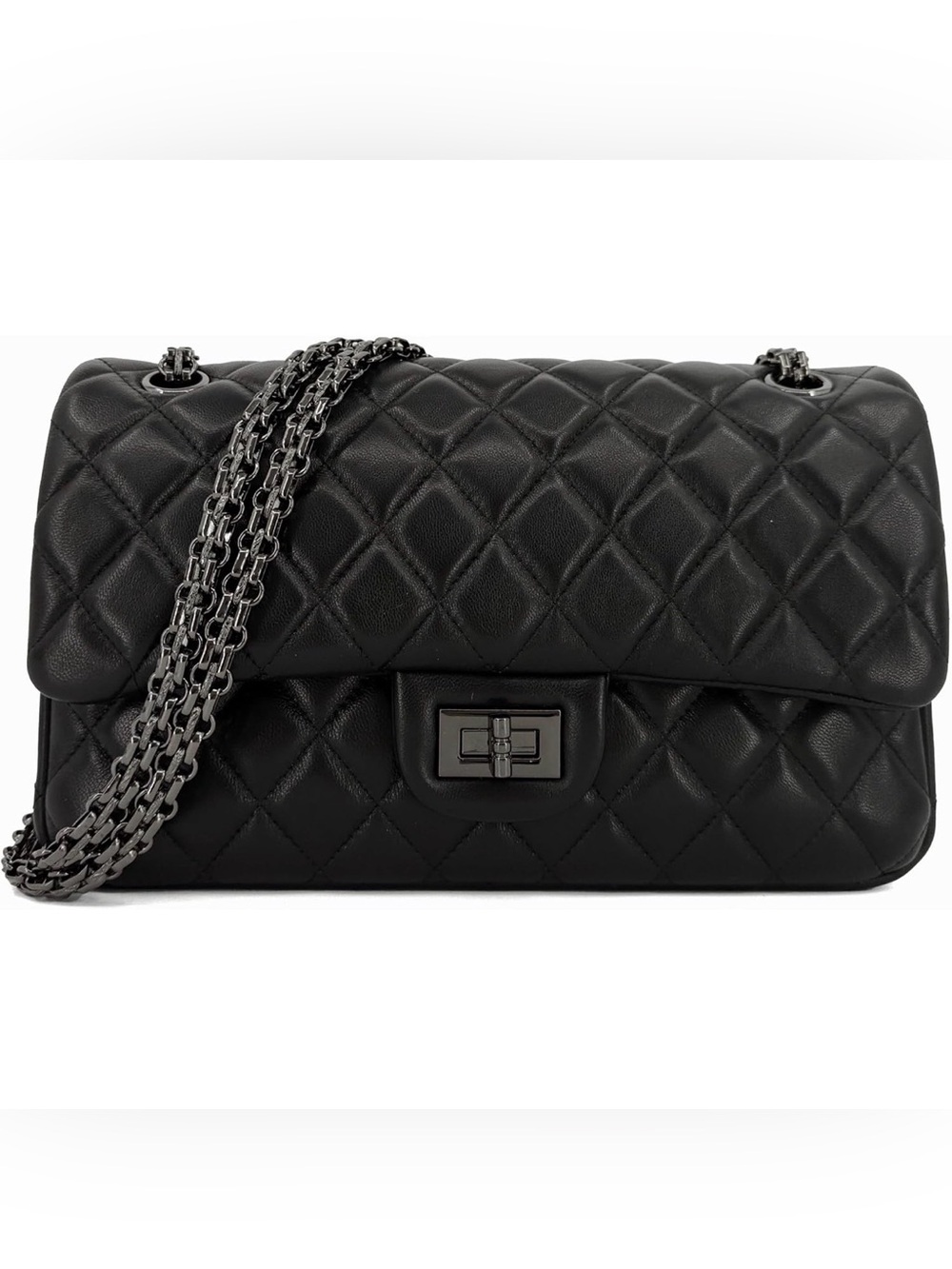 Genuine Lambskin Quilted Double Flap Turn Lock Shoulder Crossbody Chain Bag